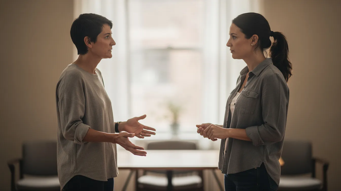 Pädagogische Fachkräfte im Gespräch – eine ruhige Kommunikation und offene Körperhaltung sind wichtige Elemente der Deeskalation in der Jugendhilfe.